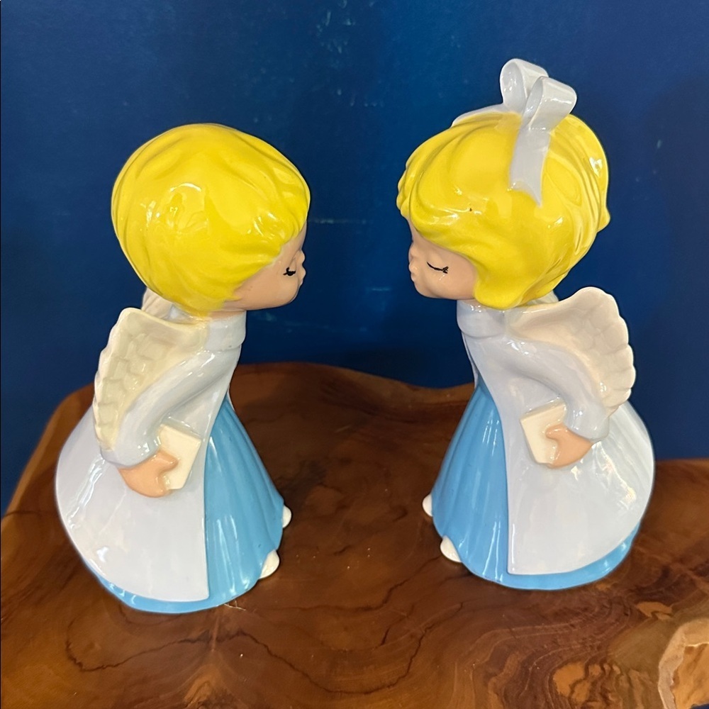 Vintage Set of Two Charming Kissing Angel Figurines in Blue and Yellow